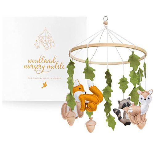 First Landings Woodland Baby Mobile for Crib - Baby Nursery Mobiles - Woodland Nursery Decor Theme - Gender Neutral Baby Stuff - Animals Forest Nursery Decor Baby Mobile - Woodland Baby Stuff