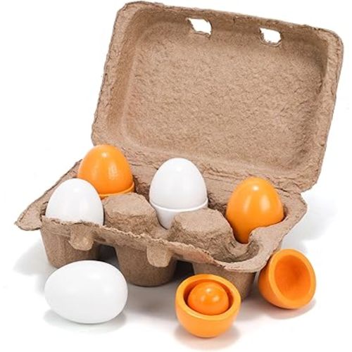 HANSGO Kids Play Food Toys, 6 PCS Wooden Pretend Play Kitchen Egg Toys for Toddle Cooking DIY Early Development Learning Skills