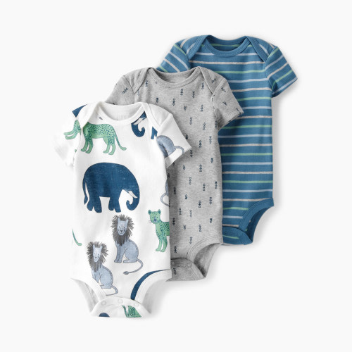 Carter's Little Planet Organic Cotton Rib Bodysuits (3 Pack) - Wildlife Print, Geo Print, Stripes, 0-3 M