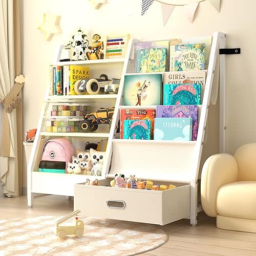 Kids Bookshelf and Toy Storage, Sling Bookshelf with Drawer, Montessori Toddler Bookcase, 2 in 1 Kids Book Sling Shelf with 4 Tier Toy Organizer for Kids Room, Playroom, Bedroom, Nursery