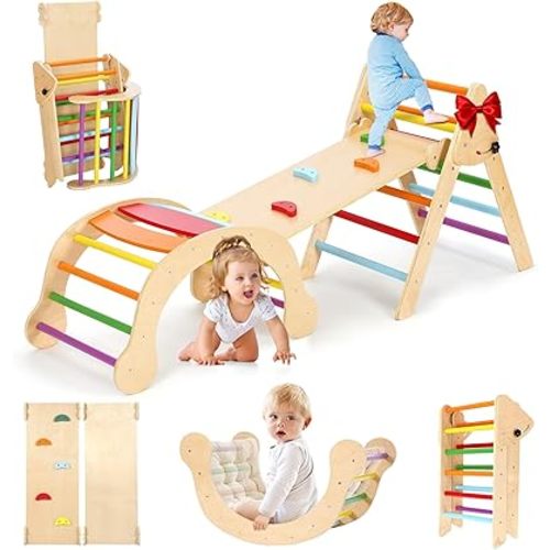 YOLEO 7-in-1 Pikler Triangle Set, Large Wooden Climbing Toys for Toddlers 1-3 Inside, Montessori Fun Toddler Climbing Toys Indoor Playground and Jungle Gyms Playset,Easy-Fold Pikler Triangle (Rainbow)