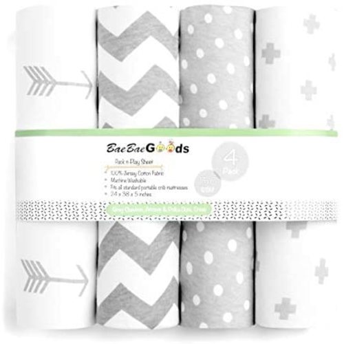 Pack n Play Sheets – Premium Pack and Play Sheets 4 Pack – 100% Super Soft Jersey Knit Cotton Playard Mattress Sheets – Portable Playpen Fitted Play Yard Mini Crib Sheet for Boy & Girl (24 x 38 x 5)