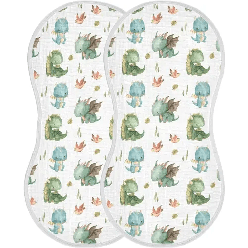 Burbuja Cute Dragon Muslin Baby Burp Cloths, Soft & Absorbent Cotton Burping Rags for Newborn Boys & Girls, 2 Pack
