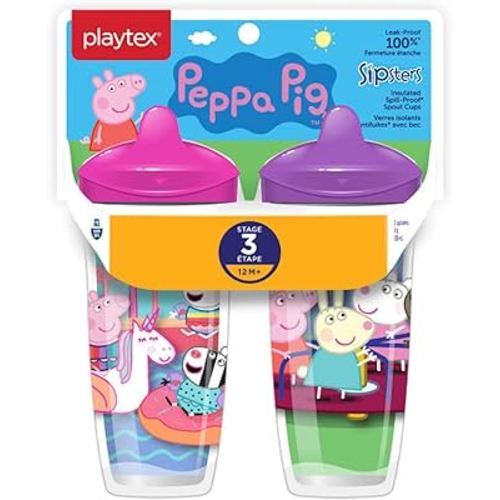 Playtex Sipsters Stage 3 Peppa Pig Spill-Proof, Leak-Proof, Break-Proof Insulated Toddler Spout Cups for Girls - 9 Ounce - 2 Count