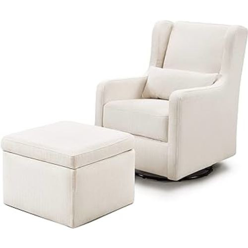 Carter's by DaVinci Adrian Swivel Glider with Storage Ottoman in Performance Cream Linen, Water Repellent and Stain Resistant, Greenguard Gold & CertiPUR-US Certified
