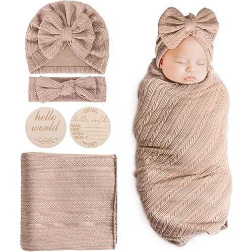 BQUBO Baby Swaddle Blankets for Girls, 4PCS Newborn Accessories Set with Matching Hat and Bow Headband with Hello World Wooden Birth Announcement Card
