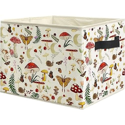 Enchanted Forest Mushroom Storage Bin Box with Handles, Cottagecore Butterfly Mushroom Botanical Foldable Linen Fabric Laundry Basket for Home Bedroom Bathroom Clothes Toys Books