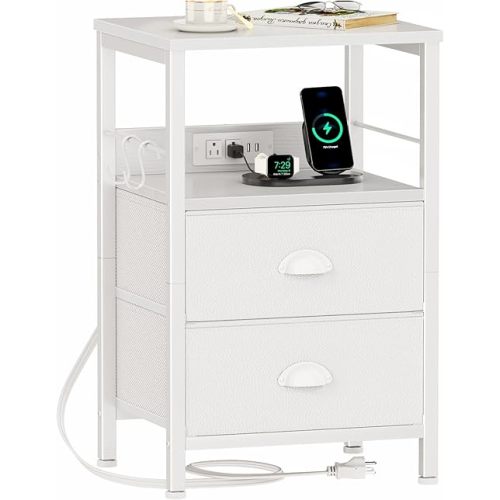 Furologee End Table with Charging Station, Nightstand with Fabric Drawers, Side Tables with USB Ports & Outlets, Night Stand with Storage Shelf & Hooks, for Living Room/Bedroom, White