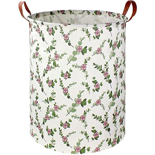 NTAOHAMPER Large Round Canvas Linen Laundry Hamper,Waterproof Storage Bin for Toys,Books,Clothes,Pets, Laundry Basket, Gift Basket(Eucalyptus leaves)