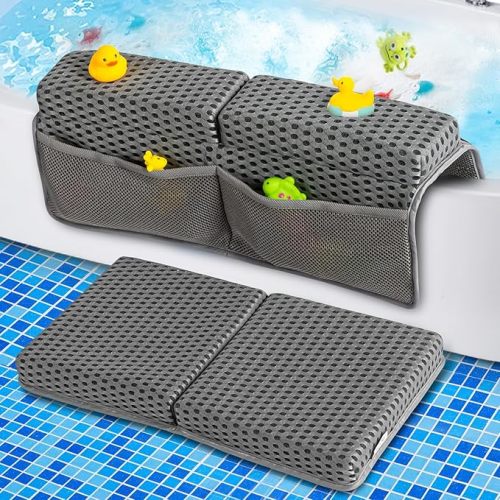 Baby Bath Kneeler and Elbow Rest Pad Set, 1.5'' Thick Quickly Dry Bathtub Kneeler Pad with Baby Toys & Bath Accessories Organizer, Kneeling and Elbow for Tub, Non-Slip Mat(Grey)