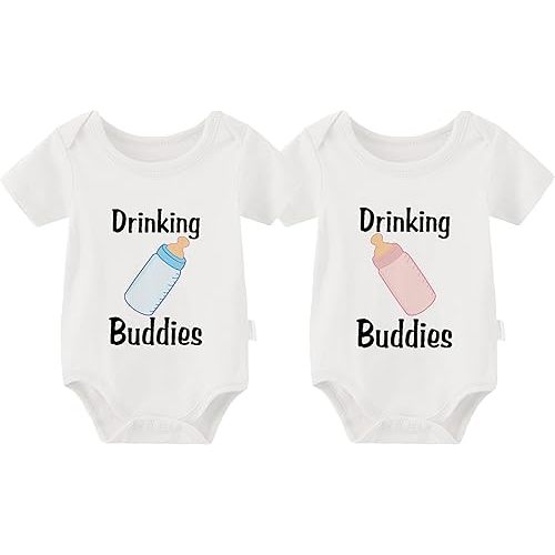 YSCULBUTOL Baby Twins Bodysuit Drinking Buddies Newborn Baby Romper Twins Boy Girl Matching Outfits Triplets Set