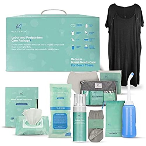 Postpartum Essentials Kit for Mom (14-Piece) - Includes Labor and Delivery Gown, Peri Bottle, Witch Hazel Foam, Pad Liners & More! Postpartum Care Kit with Hospital Essentials for Women After Birth
