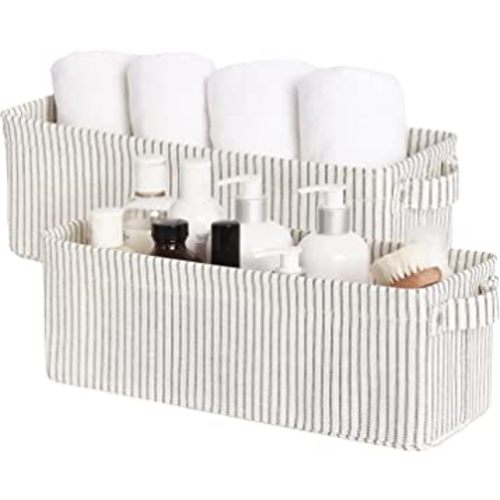 StorageWorks Narrow Storage Bins, Small baskets for Organizing, Long Storage Basket with Handles, Fabric Storage Bins for Shelf, Gray and White Stripes, 2-Pack