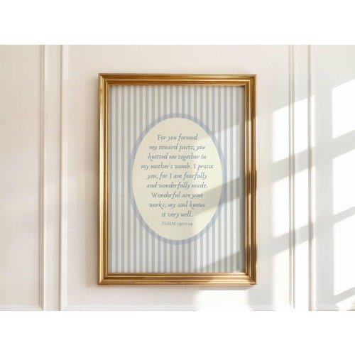 Psalm 139 Vintage Nursery Print Blue, Baby Boy Scripture Wall Art, Antique Bible Verse Poster, Children's Bedroom Decor, Digital Download