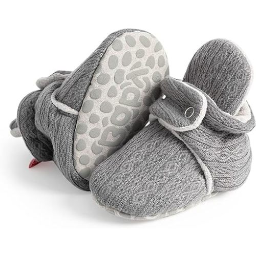 HsdsBebe Unisex Newborn Baby Cotton Booties Non-Slip Sole for Toddler Boys Girls Infant Winter Warm Fleece Cozy Socks Shoes - 0-6 Months Infant - A01/Knit Cotton Grey