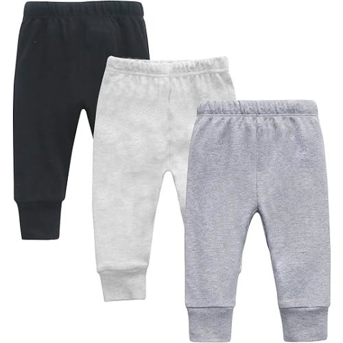 O2 BABY Organic Cotton Unisex Baby Jogger Pants, 3-Pack Pull-on Bottoms, Newborn Leggings