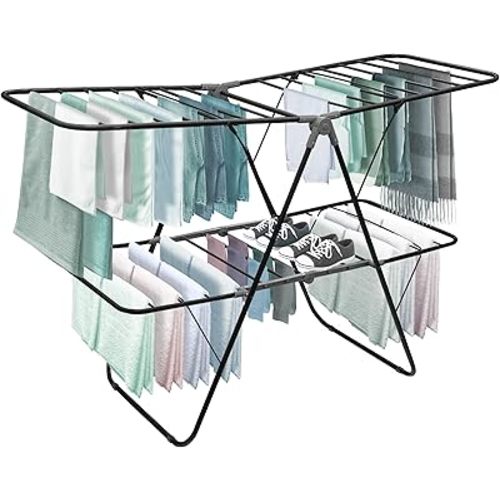 Brookstone 2 Tier Folding Rack – Indoor/Outdoor Collapsible Clothes Dryer Stand Laundry or Shoe Rack,Heavy Duty Freestanding Garment Hanger, Foldable, Portable Air Dry Holder