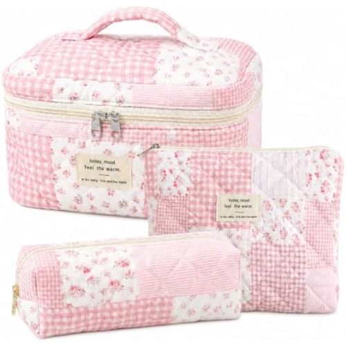 3 Pack Quilted Floral Makeup Bags Set,Patchwork Cosmetic Bag Case