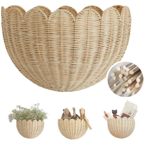 Scalloped Wall Baskets Hanging Baskets Large and Small Decorative Woven Storage Holder for Home Bathroom,Bathroom,Kitchen,Living Room 16 x 7 x 10 and 14 x 6 x 8 Inch (Natural,Beige, 16x7x10-1pcs)