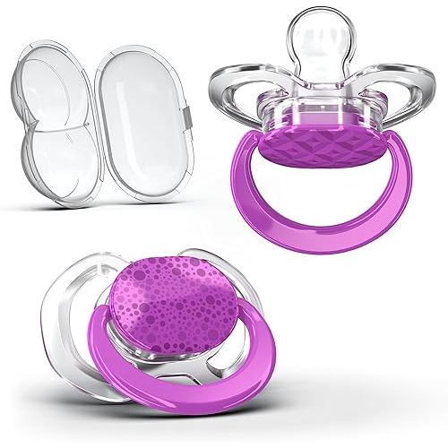 Smilo Baby Pacifier - 2 Pack of Slimline Pacifiers for Babies with Sterilization Box - Stage 1 for Babies 0-3 Months - 100% Silicone Newborn Pacifiers BPA Free - Plum Purple
