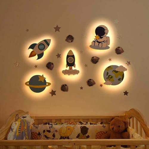 Personalized Wooden Baby's Room Wall Light Set-Space Model – Woodemon
