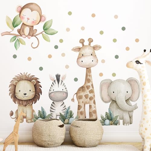 Safari Animals Nursery Wall Decal, Peel and Stick Nursery Mural Jungle Animals Lion, Elephant Wall Stickers for Kids, Boys and Girls Room, Bedroom & Toddler Room Decor (Boho Animal Dot Decals 59)