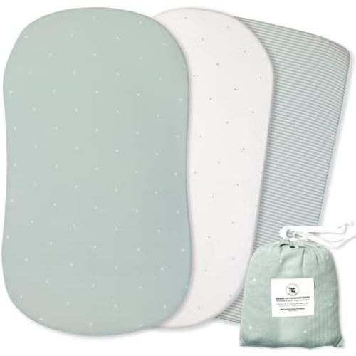 POPPI & MAX 100% Organic Bassinet Sheets for Baby Girl + Boy – Fitted Sheets for Halo, Snoo, Dream on Me Karley, Baby Delight, Ingenuity + More – Jersey Cotton Bassinet Covers – Misty Sage – 3 Pack