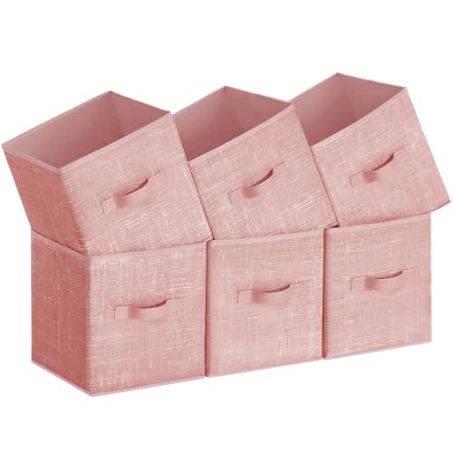 SONGMICS Storage Cubes, 11-Inch Non-Woven Fabric Bins with Double Handles, Set of 6, Closet Organizers for Shelves, Foldable, for Clothes, Jelly Pink UROB026R01