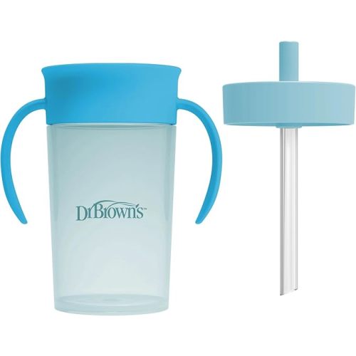 Dr. Brown's Milestones Straw to 360 Convertible Toddler Training Cup Set with Interchangeable Silicone Straw and 360 Degree Cup Lids, Blue Ocean, 10 oz/300 mL, BPA-Free, 9m+, 1-Pack