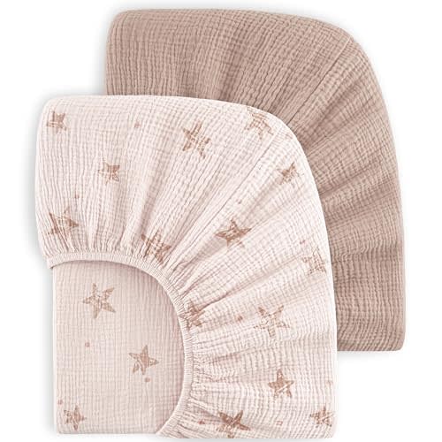 Bearmoss Muslin Crib Sheets - 100% Cotton Baby Crib Sheets Fitted for Standard Crib Mattress & Toddler Bed Mattress 52"x28" Soft Breathable Crib Sheet Neutral for Boys Girls - 2 Pack (Pink Star)