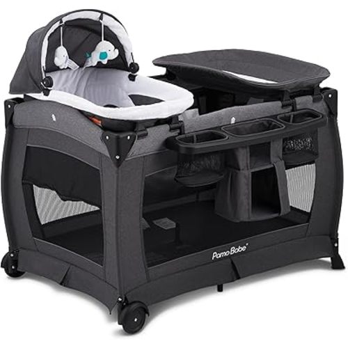 Pamo Babe Deluxe Nursery Center, Foldable Playard for Baby & Toddler, Bassinet, Mattress, Changing Table for Newborn(Black)
