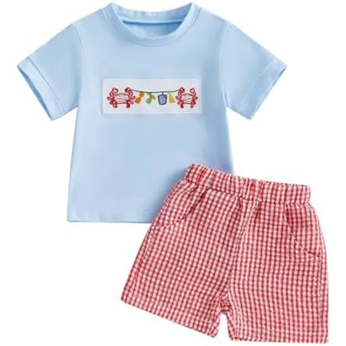 Toddler Boy Lobster Short Outfit Crawfish/Turtle/Crab Embroidery Short Sleeve Tops Stripe Shorts 2Pcs Animal Outfit
