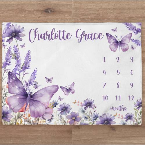 Floral Butterfly Milestone Blanket Personalized Baby Girl Month Blanket Purple Flower Nursery Custom Age Tracker New Mom Baby Shower Gift