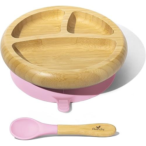 Avanchy Baby Plates Divided Bamboo with Suction for Babies Kids Toddler Food with Silicone Spoon for Feeding (Pink)