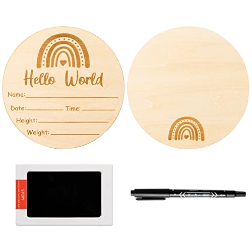 R HORSE Baby Birth Announcement Sign with Marker Pen, Boho Rainbow Baby Name Sign with Ink Pad for Hand and Footprints, Wooden Hello World Newborn Announcement Nursery Decor Keepsake Gifts