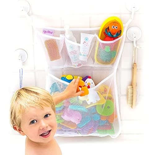 Original Tub Cubby Bath Toy Storage Organizer - 14"x20" Mesh Shower Caddy With Suction Cup & Adhesive Hooks, Toy Storage Net Organizer for Kids Bathroom Decor, Bedroom & More - with Extra Hooks