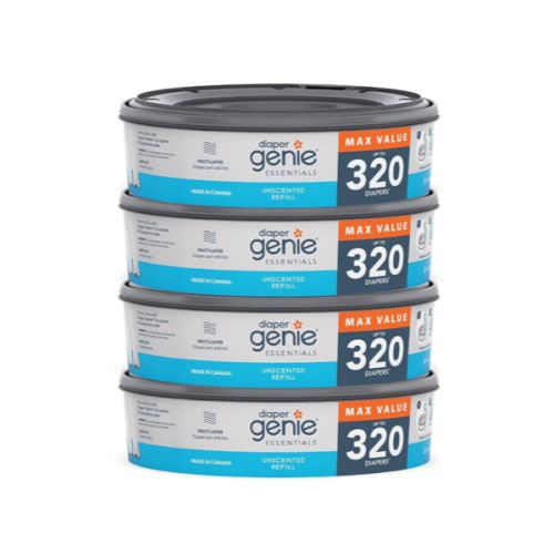 Diaper Genie Essentials Round Refill Pack of 4 | Holds Up to 1280 Newborn Diapers | Features Unscented Continuous Film | Compatible with Diaper Genie Complete and Expressions Pails