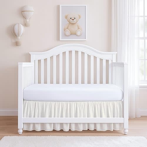 Rajlinen Ruffled Crib Bed Skirt, Microfiber, Dust Ruffle with Split Corners, 14" Drop, Nursery Toddler Bedding for Baby Boys or Girls, Ivory