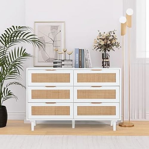 Rattan Dresser for Bedroom, Modern 6 Drawer Double Dresser with Gold Handles, Wood Storage Chest of Drawers for Bedroom,Living Room,Hallway (White)