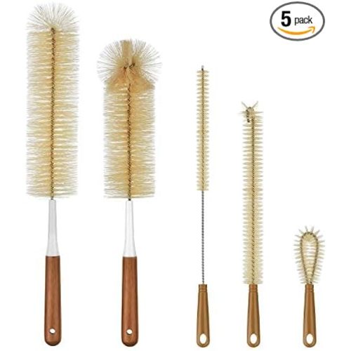 ALINK 5-Pack Bottle Brush Cleaner - Long Bamboo Handle Water Bottle Straw Cleaning Brush for Washing Narrow Neck Beer Wine Decanter, Sports Bottle, Thermos, Flask - Brown-bamboo