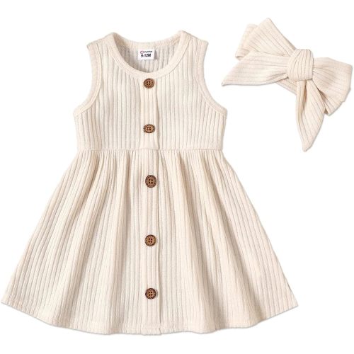 PATPAT Baby Girls Summer Sleeveless Dress Infant Crewneck Solid Rib Knit Tank Skirt Dress 3M-24Months