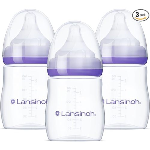 Lansinoh Anti-Colic Baby Bottles for Breastfeeding Babies, 160 ml (5 Ounces), 3 Count, Includes 3 Slow Flow Nipples, Size S