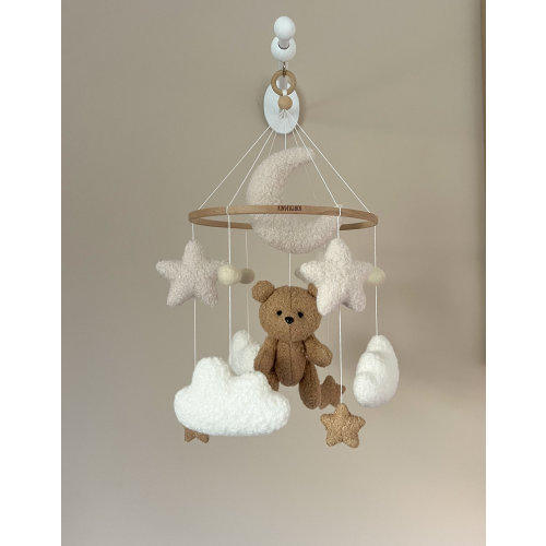 Baby mobile “Ted” made of boucle with teddy bear in neutral colors with moon, stars, clouds, handmade, gift for birth, baby shower.