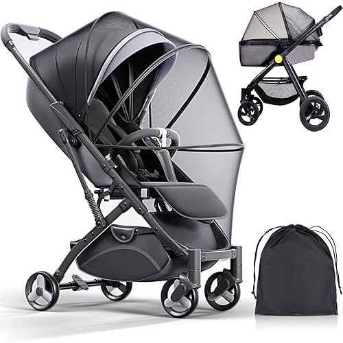 LIHAO Moustiquaire pour poussette avec support en PVC élastique, fermetures éclair bidirectionnelles et sac de rangement, filet respirant et pliable pour poussettes, équipement de voyage