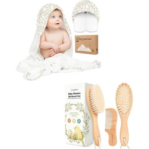 KeaBabies Baby Hooded Towel and Baby Hair Brush and Comb Set - Soft Bath Towels with Hood for Toddlers - Wooden Brush with Soft Goat Bristle for Girls, Boys, Toddlers