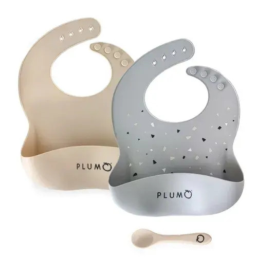 Plum Silicone Bib & Spoon Set 3Pc Grey/Sand | Baby Bunting AU