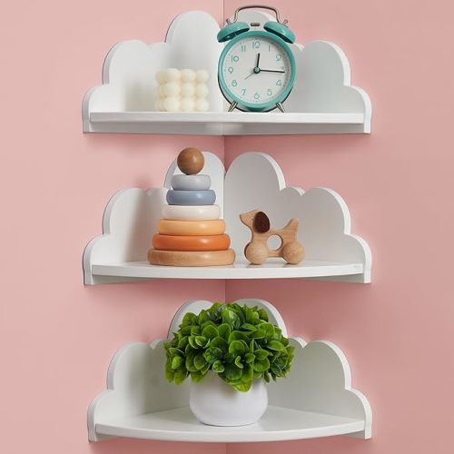 Cloud Corner Floating Shelves,Set of 3 White Corner Wall Shelf Floating Wooden Cute Wall Mounted Shelves Clouds Dispaly Shelf for Kid’s Room,Toys, Plants & Storage