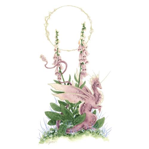 Dragon Art Watercolor Print - Foxglove Dragon - fantasy art. whimsical. flower art. illustration.