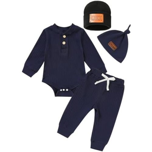 Newborn Baby Boy Girl Clothes Set Ribbed Outfits Solid Long Sleeve Tops Pants Romper Winter Fall Toddler 0-12 Months
