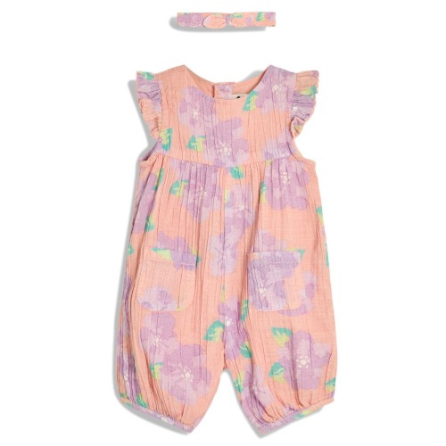 Tropical Floral Cotton Romper & Headband Set, 6-12M